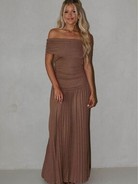 These Three Boutique Off-Shoulder Maxi Dress in Brown